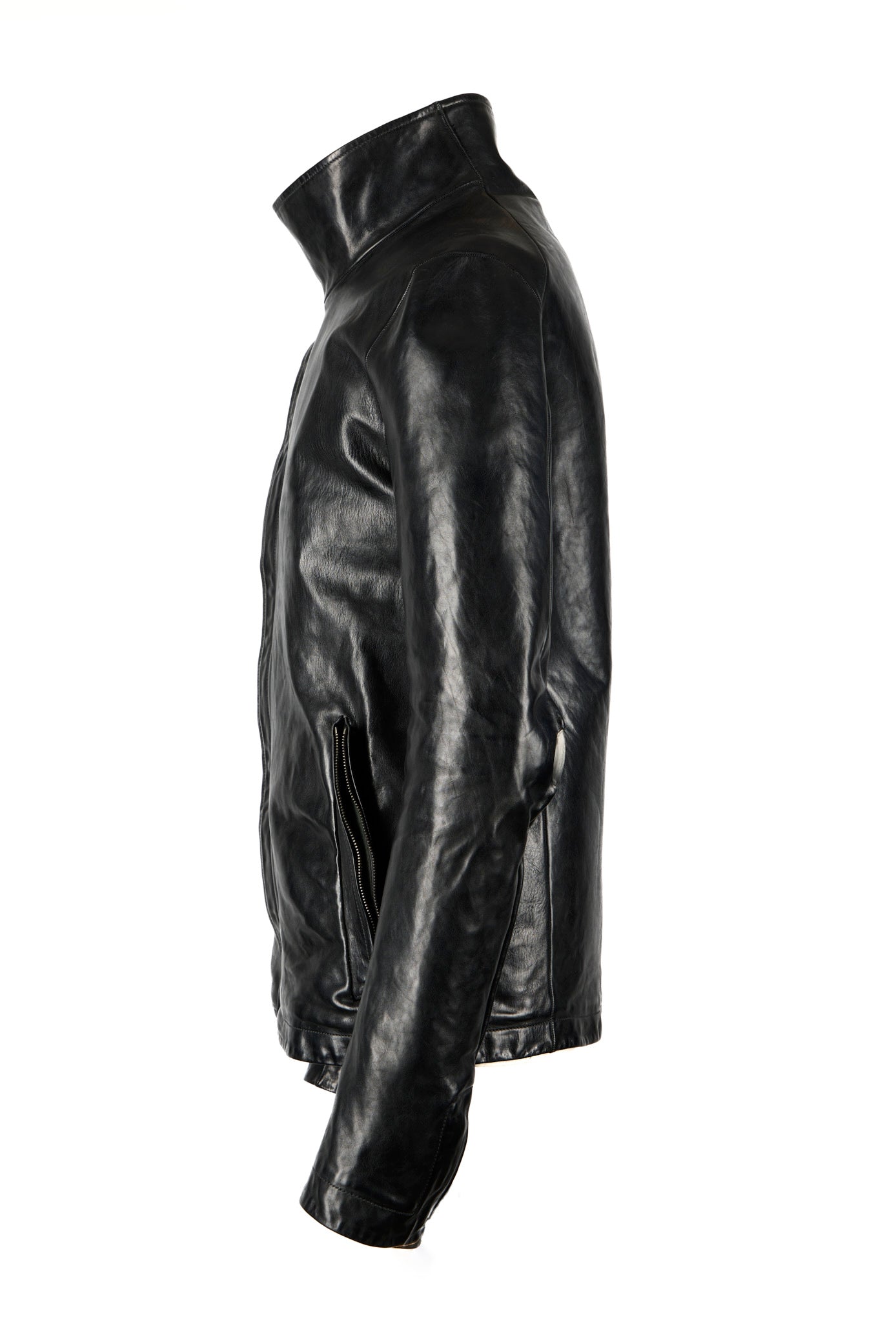 Object Dyed Lined Prosthetic Elbow High Neck Leather Jacket