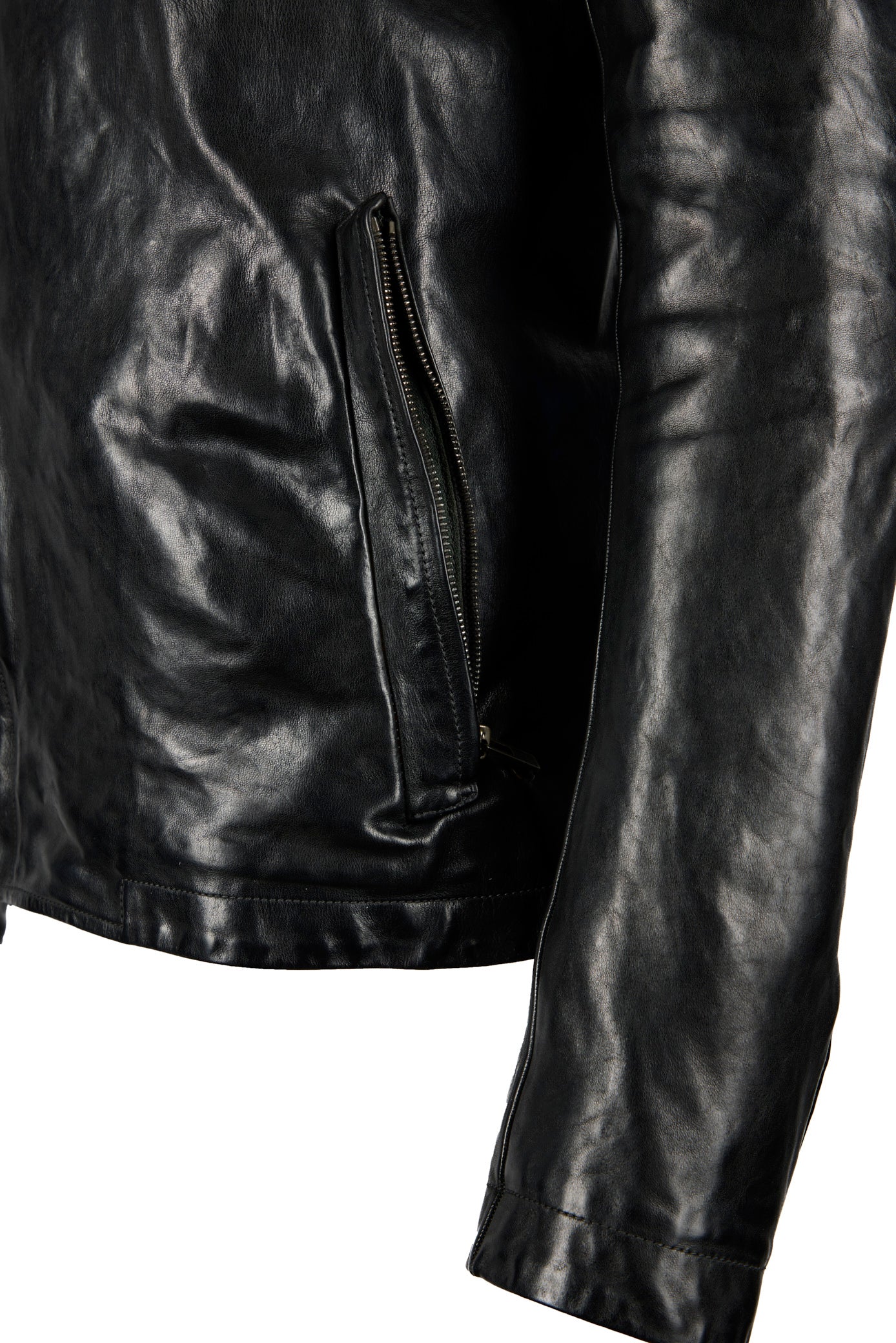 Object Dyed Lined Prosthetic Elbow High Neck Leather Jacket