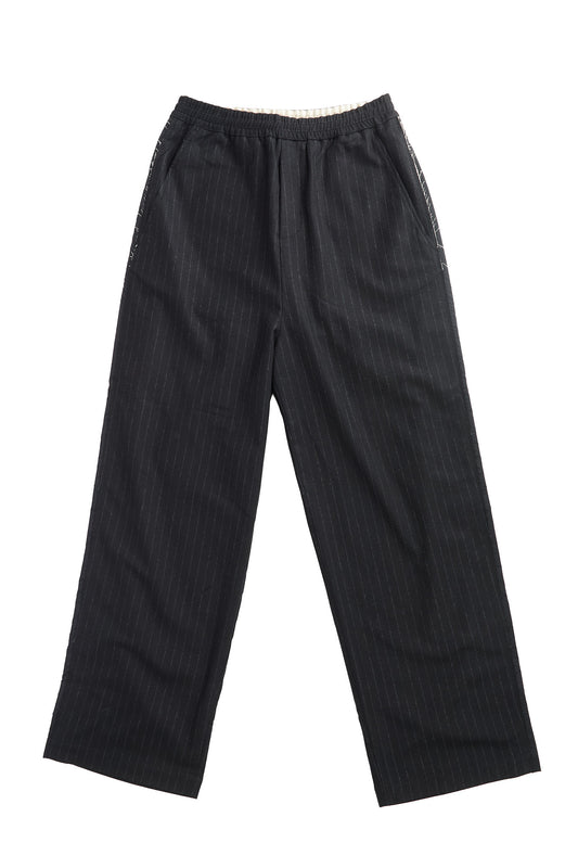 Pinstripe Wide Wool Trousers with Raw Cut Seam
