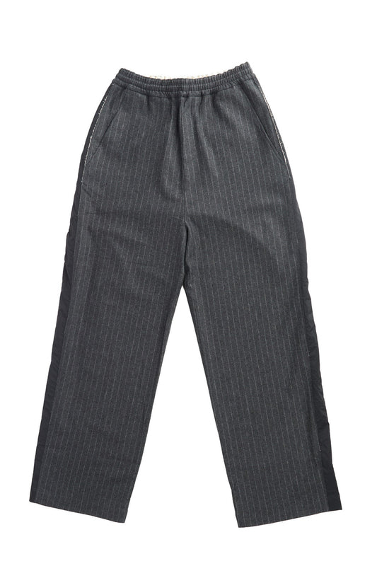 Pinstripe Wide Wool Trousers with Raw Cut Seam