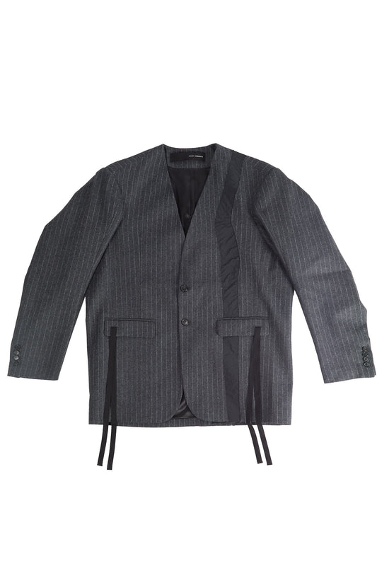 Pinstripe No Lapel Wool Over Jacket with Raw Cut Seam