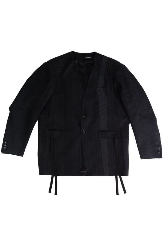 Pinstripe No Lapel Wool Over Jacket with Raw Cut Seam