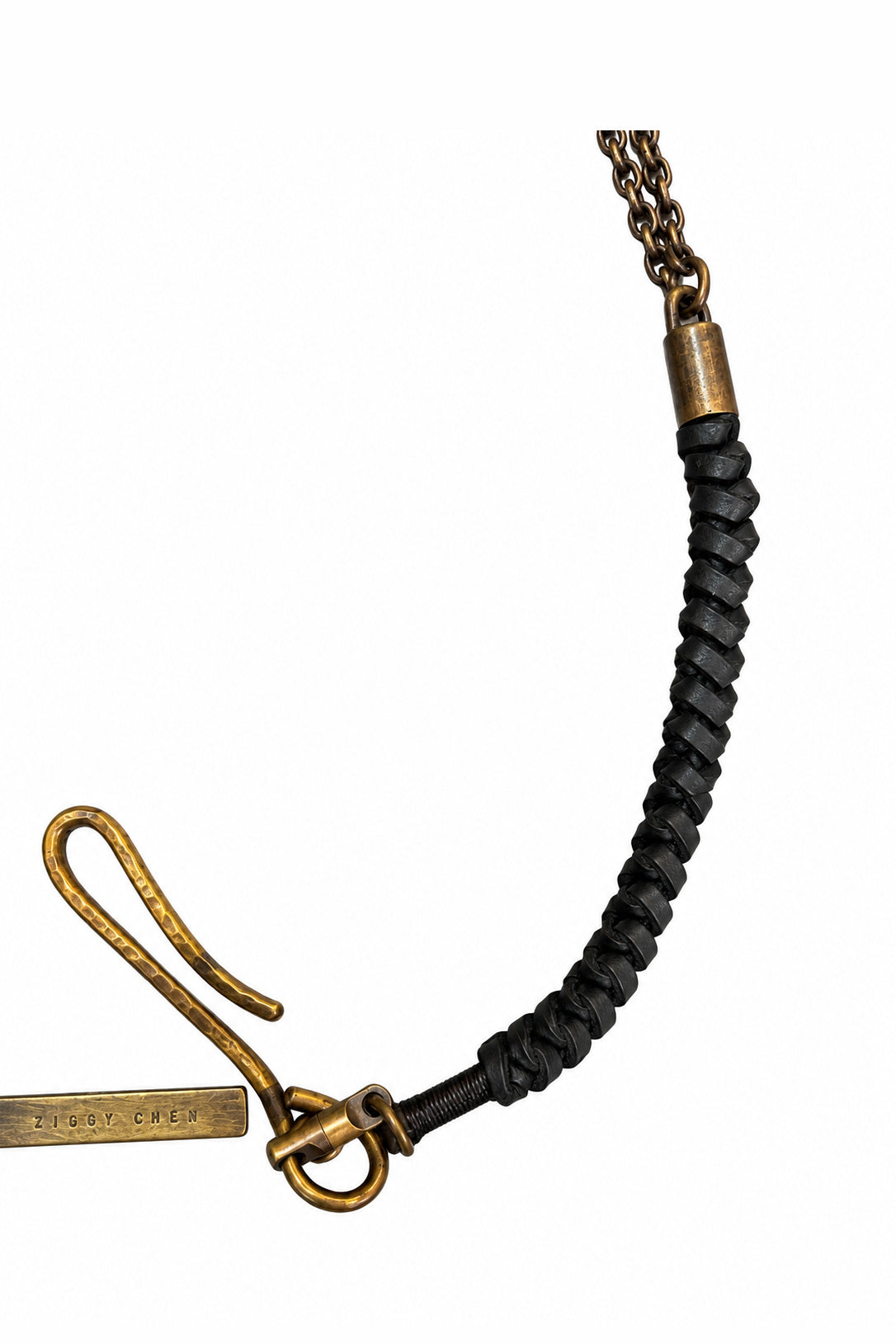 Ziggy Chen Leather Braid Wallet Chain in black — braided leather and chain detail