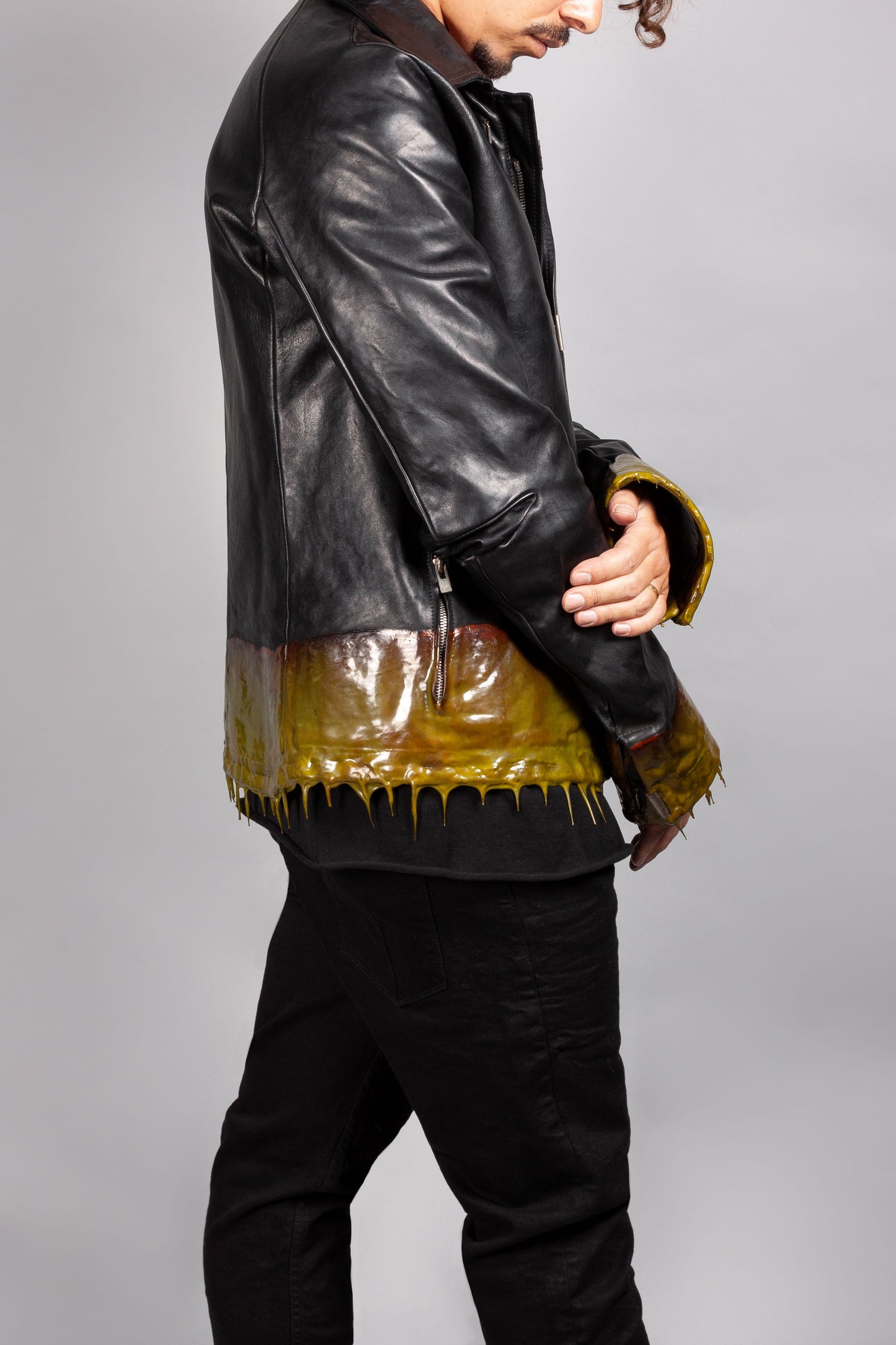 Object Dyed Lined Drip Rubber Leather Jacket