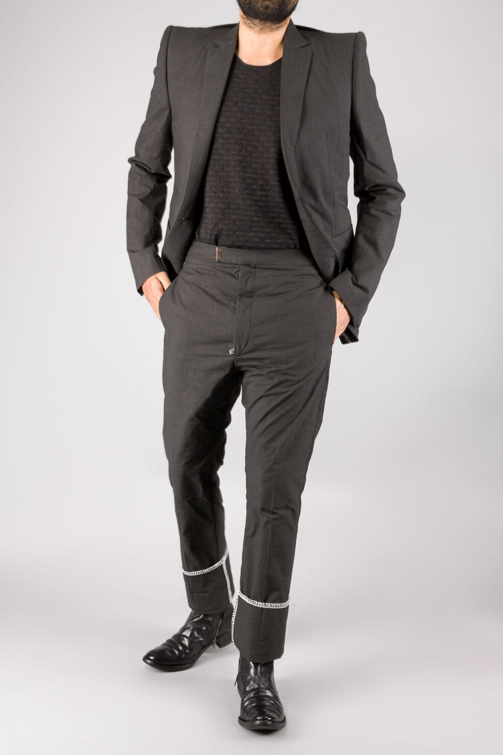 Unlined White Overlock Loop Zip Trousers