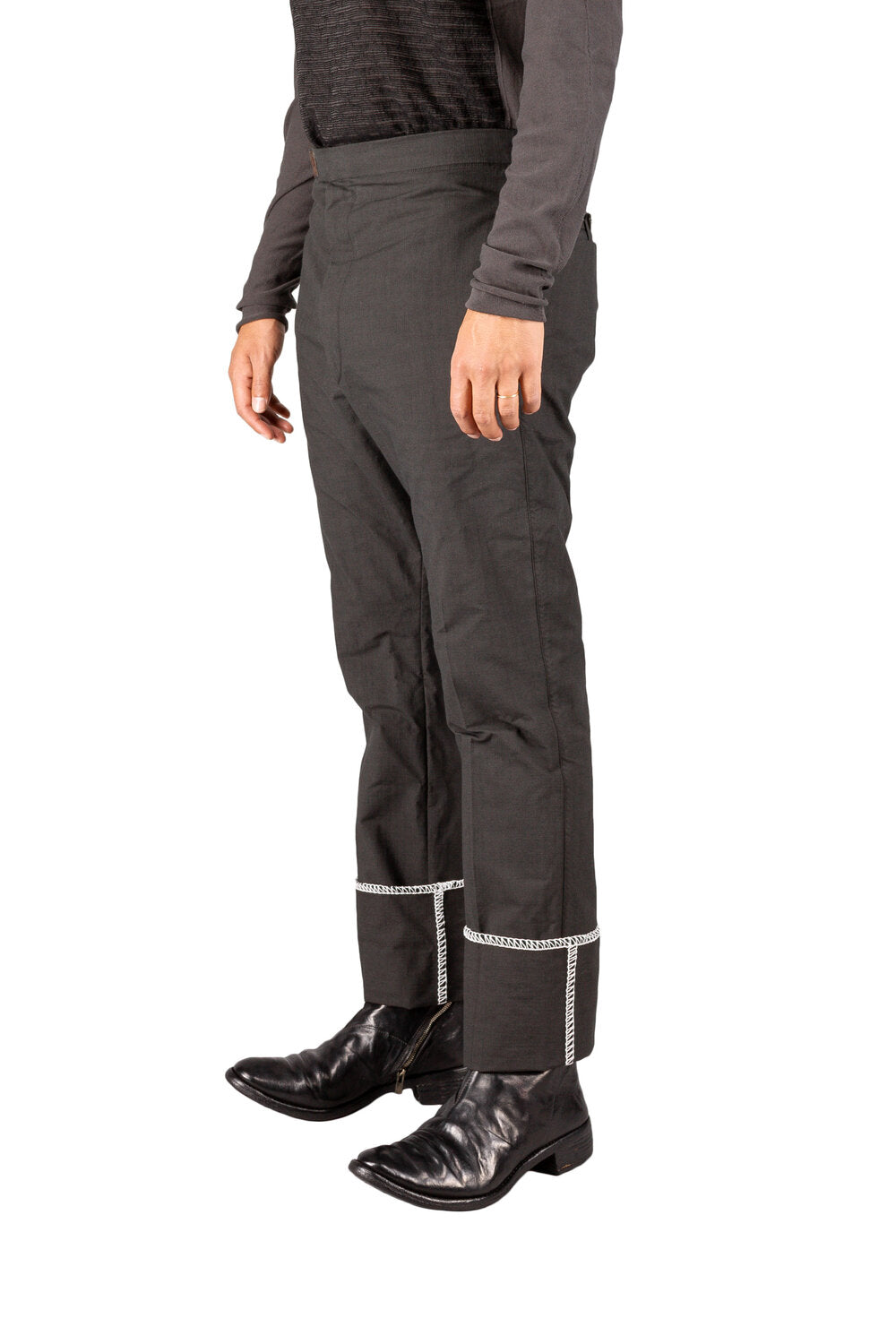 Unlined White Overlock Loop Zip Trousers