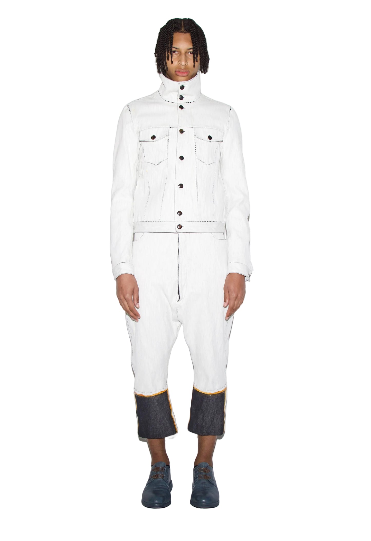 New Collection from Carol Christian Poell.

Person wearing Gloop White Denim Jacket, and White Denim Jeans. Worn with Carol Christian Poell  Blue Cockle Derby shoes.