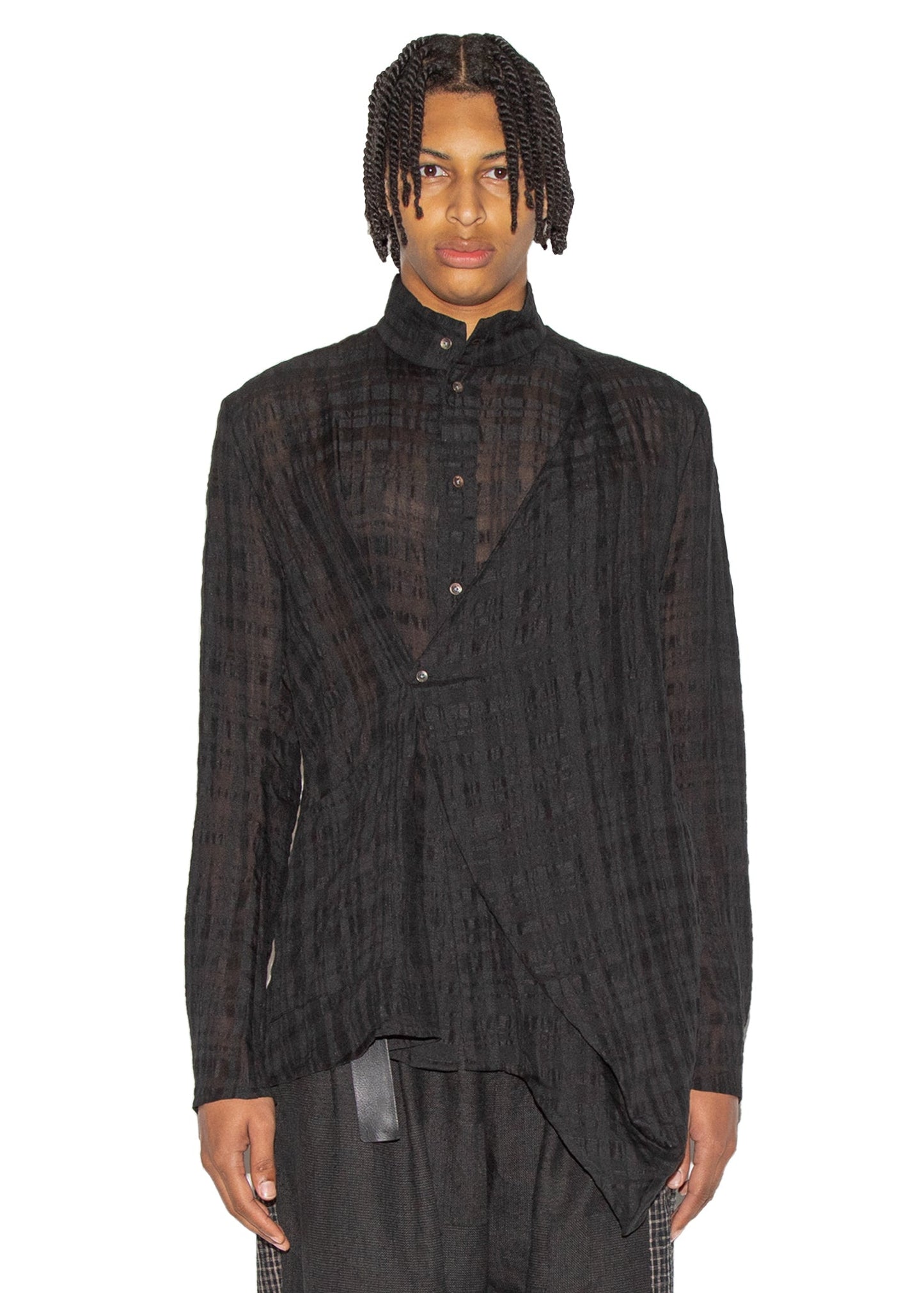Fitted Hand Woven Yarn Dyed Mandarin Collar Shirt