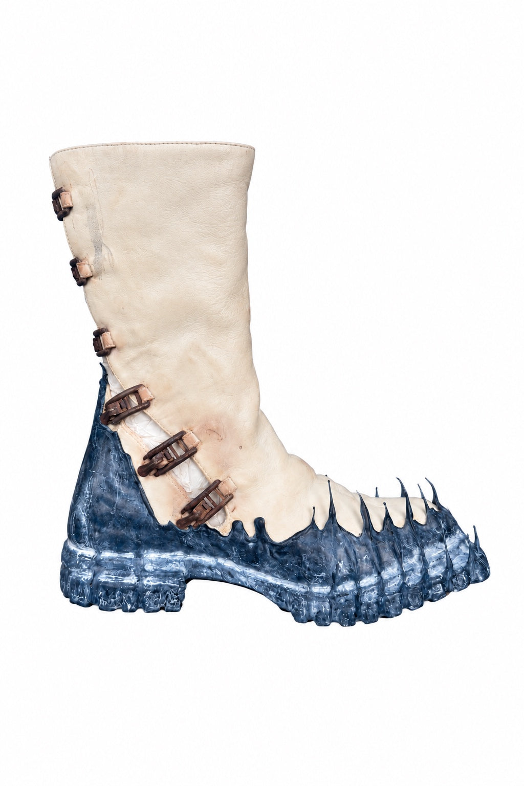Carol Christian Poell Object Dyed Goodyear Gravity Drip Slant Cockle Boot in 01B White — buckle side view