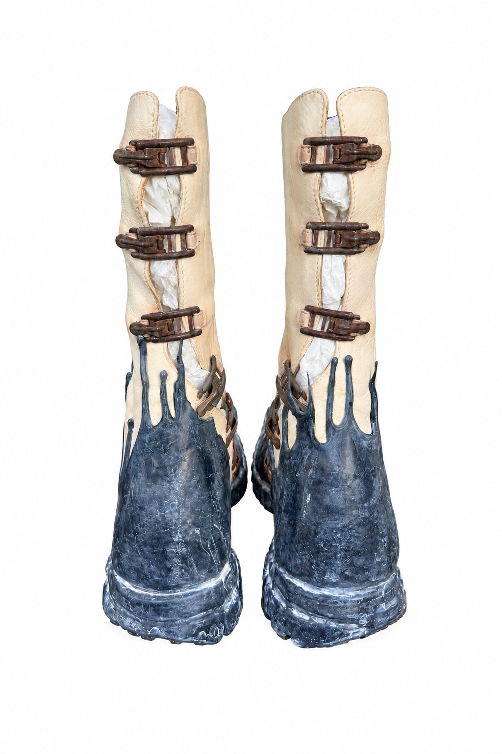 Carol Christian Poell Object Dyed Goodyear Gravity Drip Slant Cockle Boot in 01B White — rear buckle view