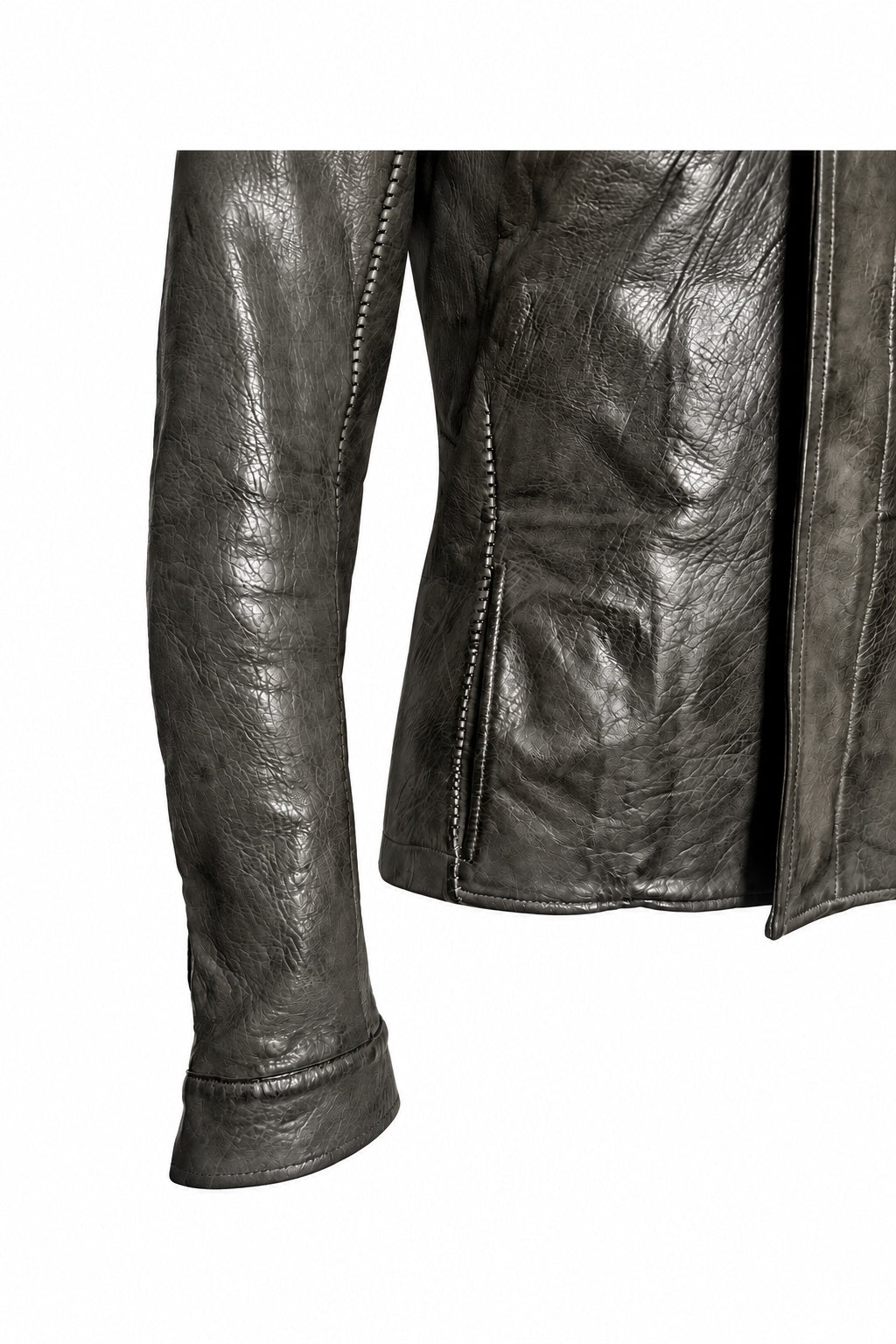Carol Christian Poell Object Dyed Lined Overlock Leather Jacket in grey — front overlock seam detail