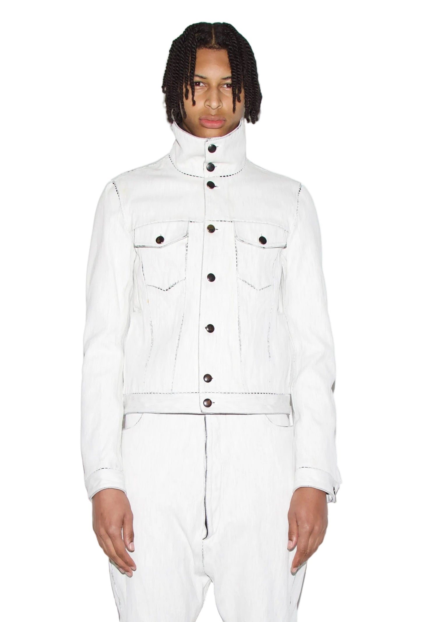 New Collection from Carol Christian Poell.

Person wearing Gloop White Denim Jacket, and White Denim Jeans by Carol Christian Poell.