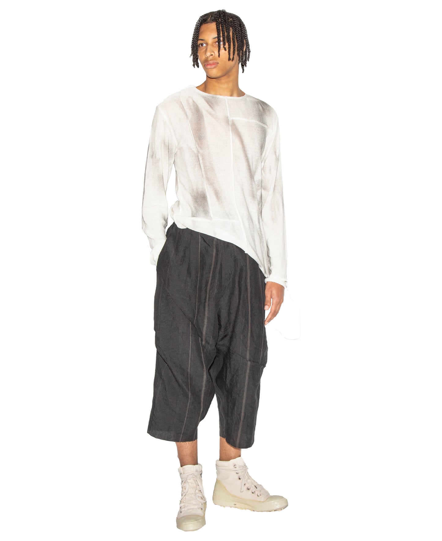 Hand Woven Striped Low Crotch Patch Wide Trouser