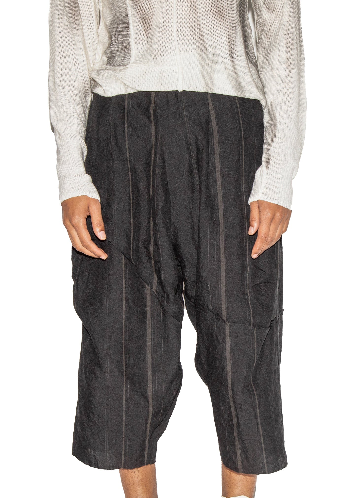 Hand Woven Striped Low Crotch Patch Wide Trouser