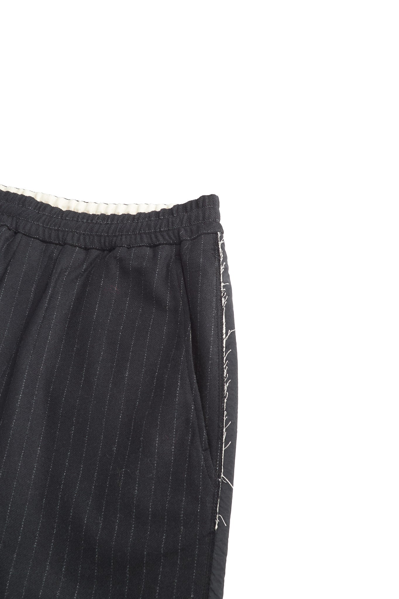 Pinstripe Wide Wool Trousers with Raw Cut Seam
