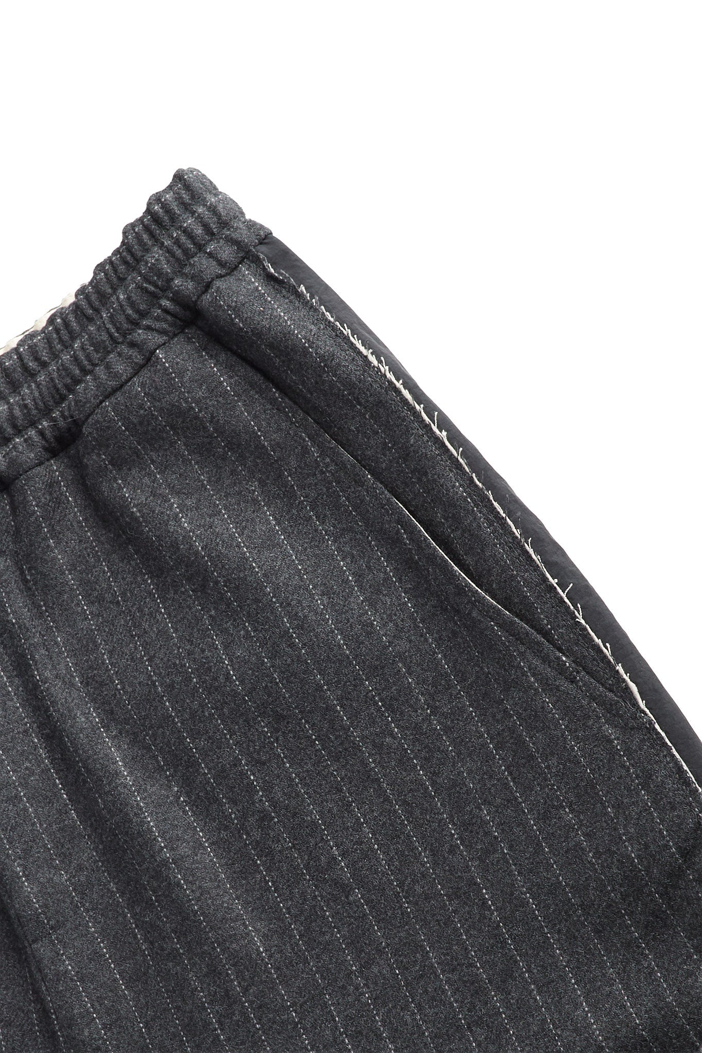 Pinstripe Wide Wool Trousers with Raw Cut Seam