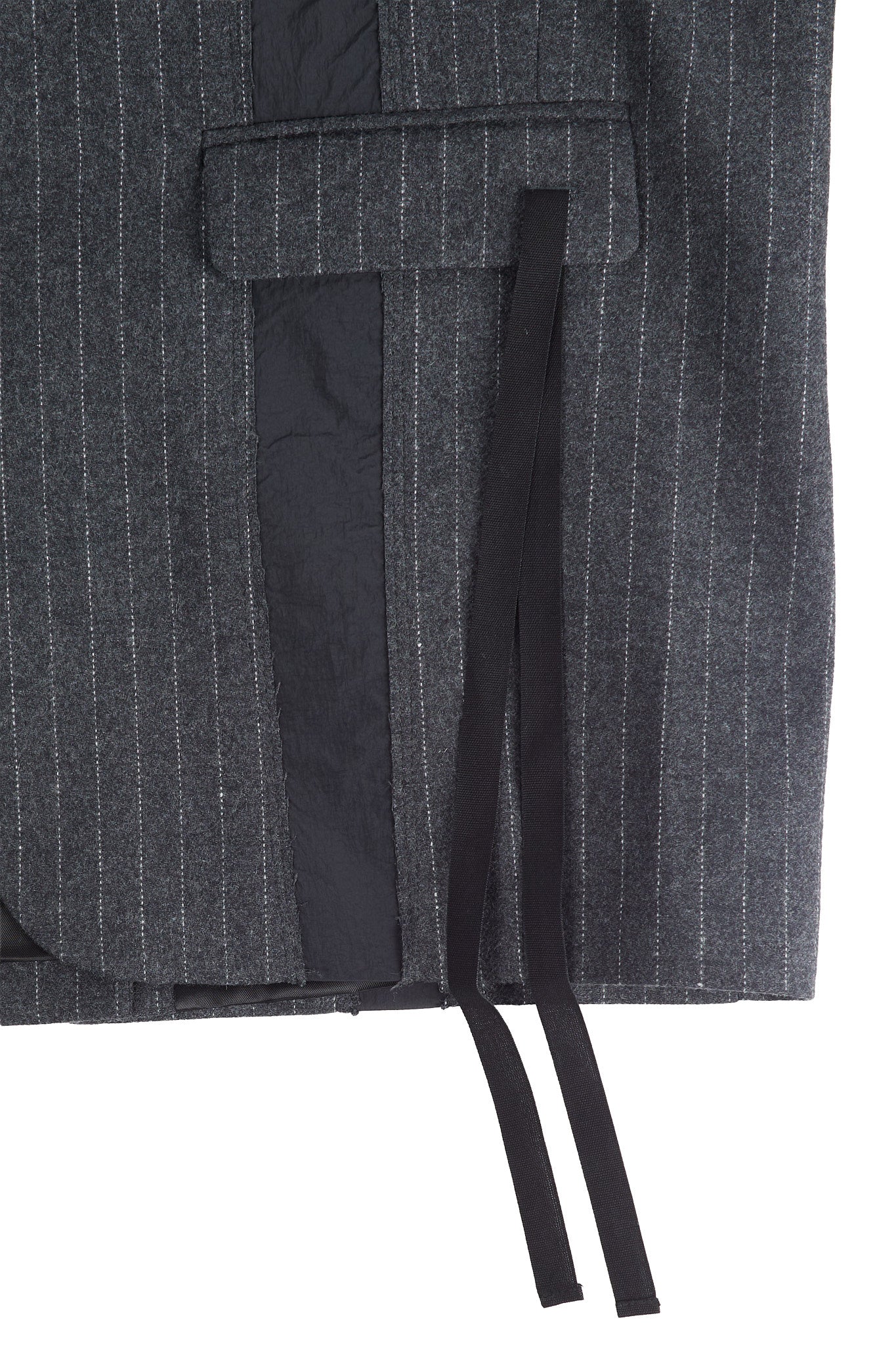 Pinstripe No Lapel Wool Over Jacket with Raw Cut Seam