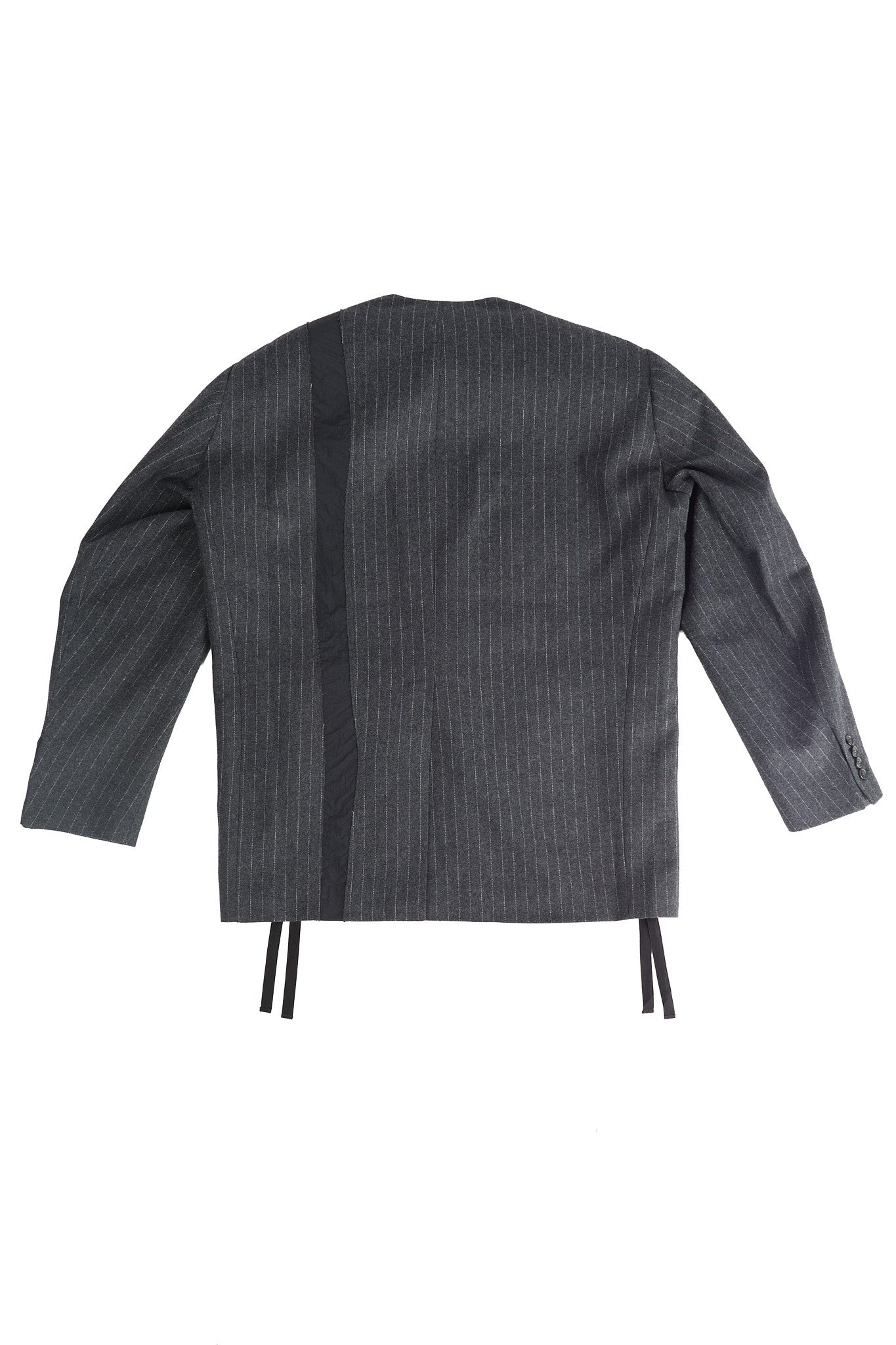Pinstripe No Lapel Wool Over Jacket with Raw Cut Seam
