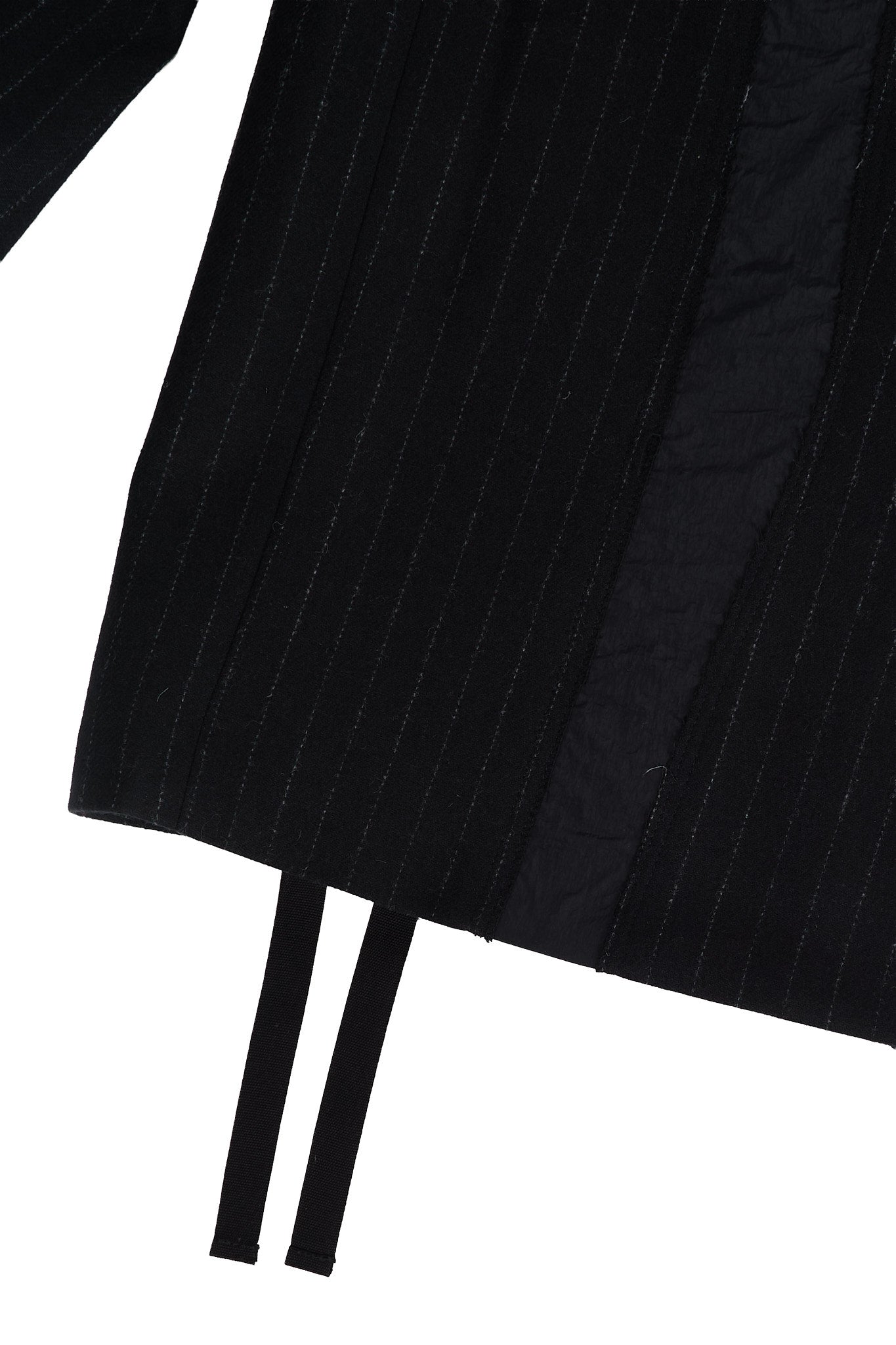 Pinstripe No Lapel Wool Over Jacket with Raw Cut Seam