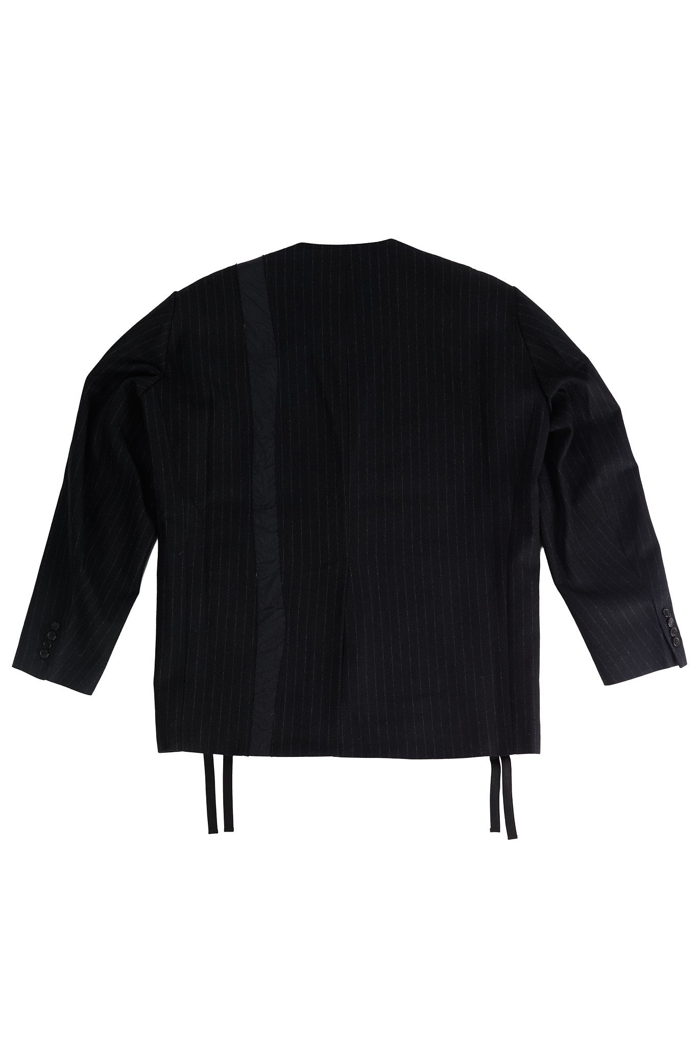Pinstripe No Lapel Wool Over Jacket with Raw Cut Seam