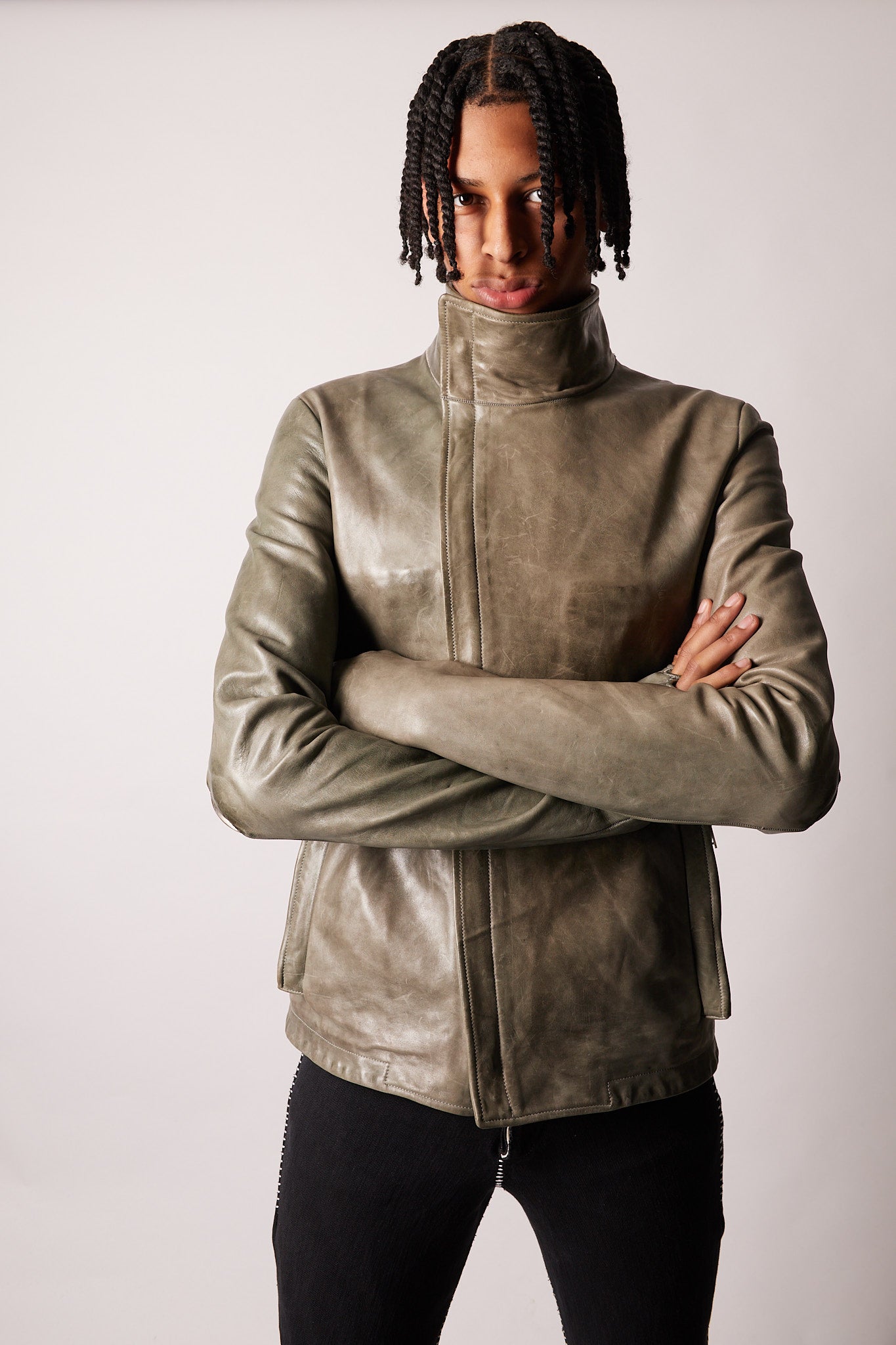 Object Dyed Lined Prosthetic Elbow High Neck Leather Jacket