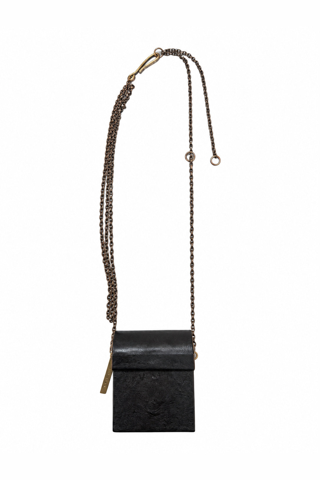 Ziggy Chen Leather Brass Frame Box Pouch in black — overall view with chain strap