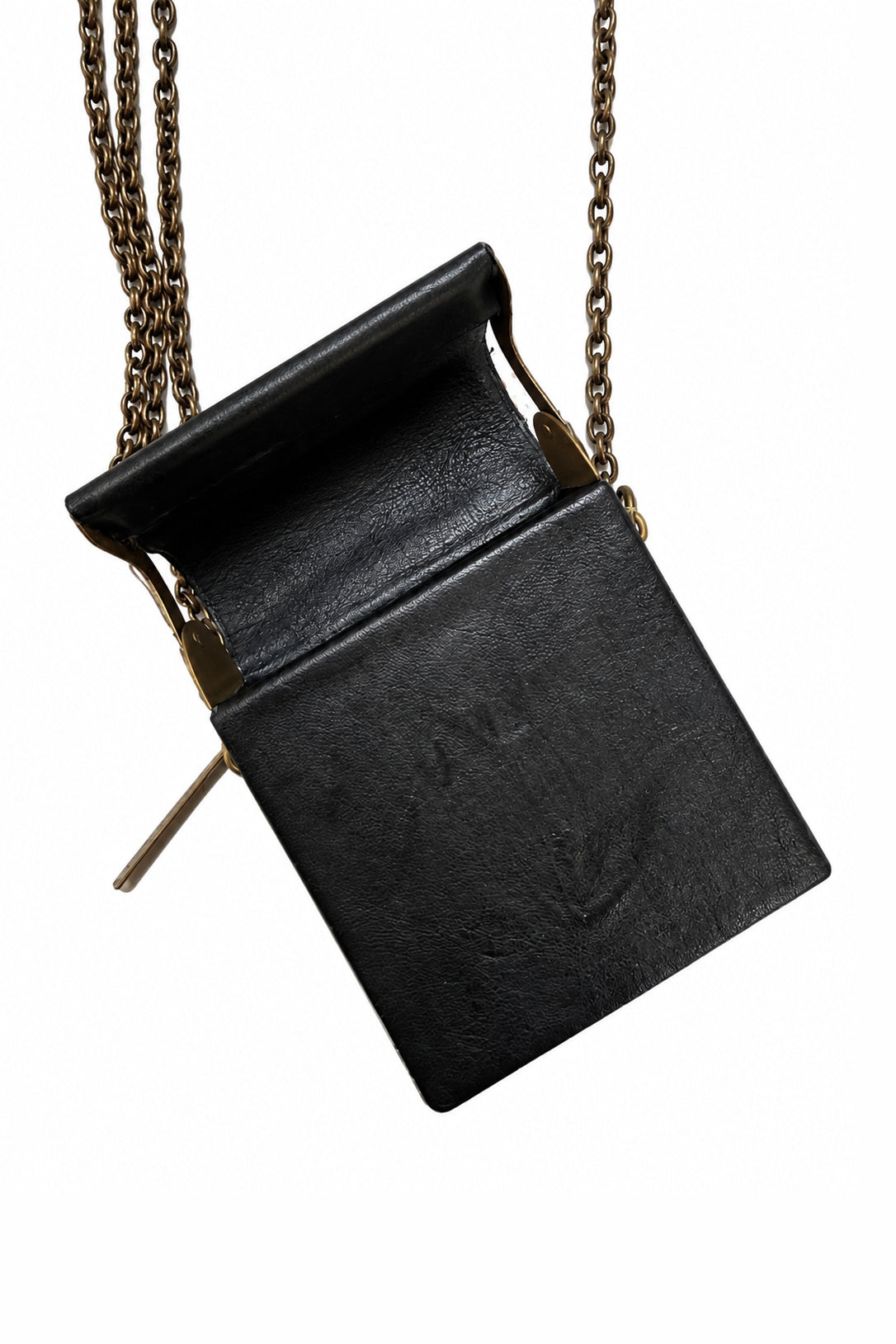Ziggy Chen Leather Brass Frame Box Pouch in black — angled side view
