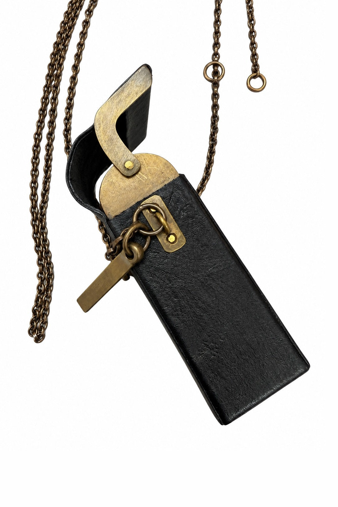Ziggy Chen Leather Brass Frame Box Pouch in black — frame and closure detail