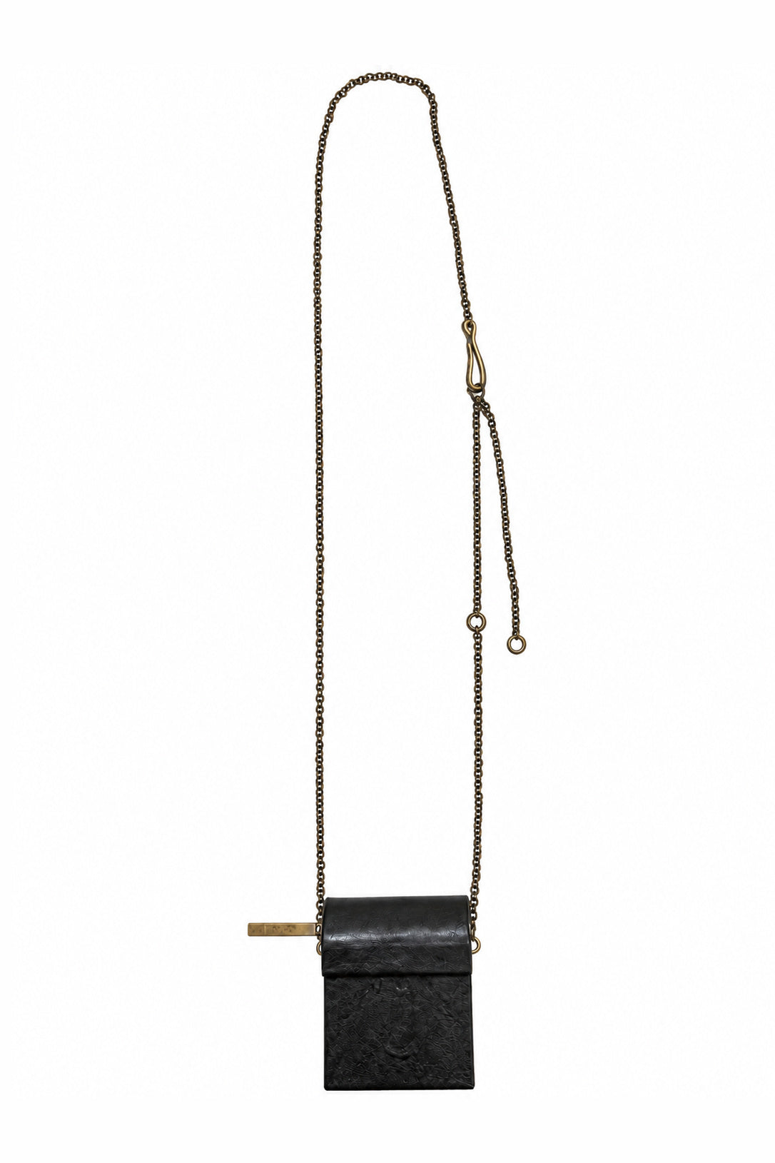 Ziggy Chen Leather Brass Frame Box Pouch in black — extended chain strap view