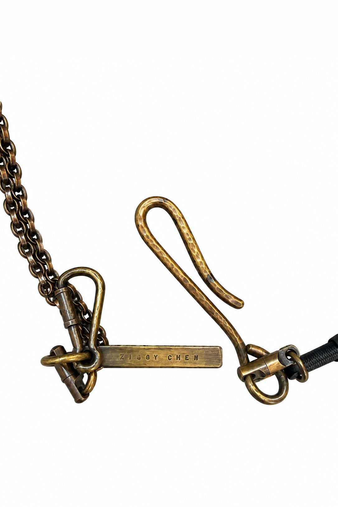 Ziggy Chen Leather Braid Wallet Chain in black — hook and branded tag detail