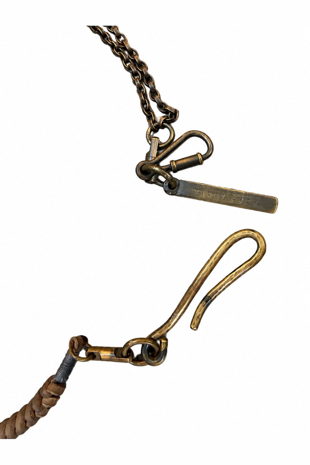 Ziggy Chen Leather Braid Wallet Chain in brown — hook and branded tag detail