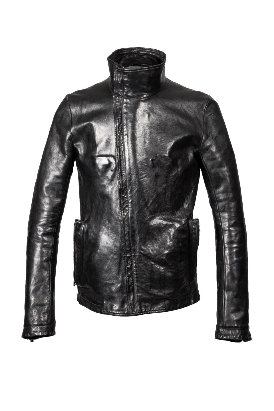 Object Dyed Lined Prosthetic Elbow High Neck Leather Jacket